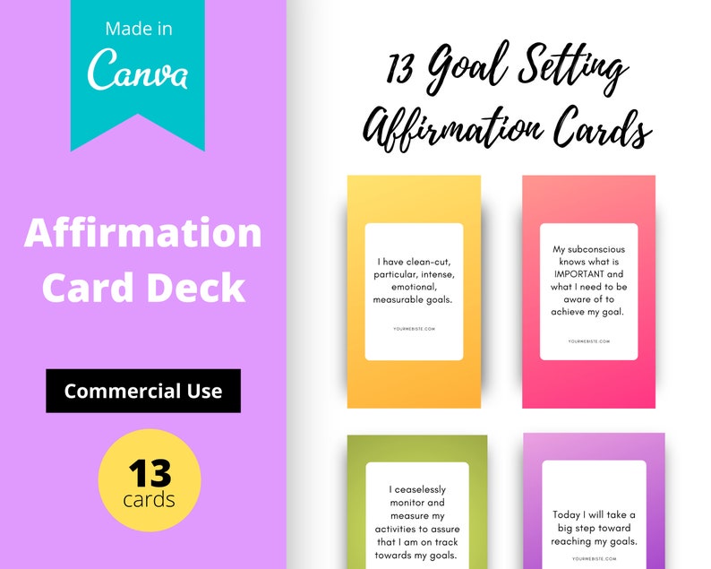 Goal Setting Affirmation Card Deck | Editable 13 Card Deck in Canva | Commercial Use