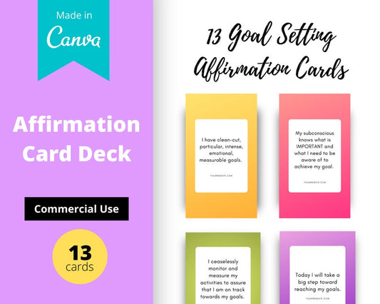 Goal Setting Affirmation Card Deck | Editable 13 Card Deck in Canva | Commercial Use