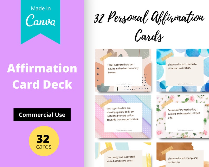 Personal Affirmations Card Deck | Editable 32 Card Deck in Canva | Commercial Use