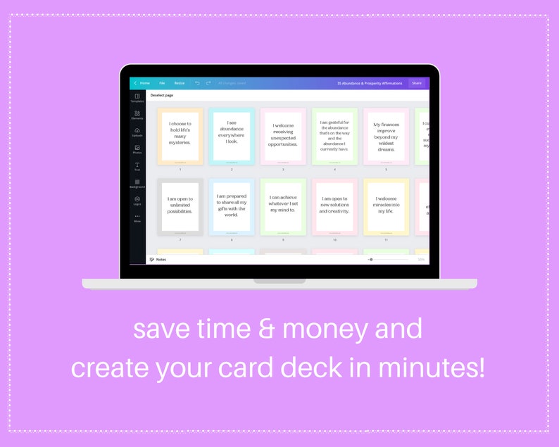 Abundance & Prosperity Affirmations Card Deck | Editable 35 Card Deck in Canva | Commercial Use