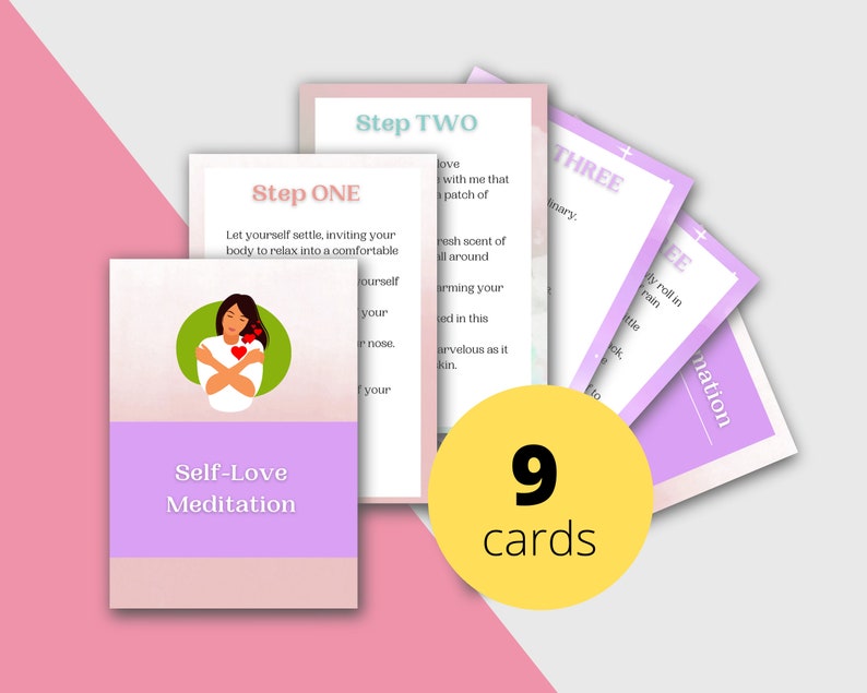 Self Love Meditation Prompts | Editable 9 Card Deck in Canva | Commercial Use