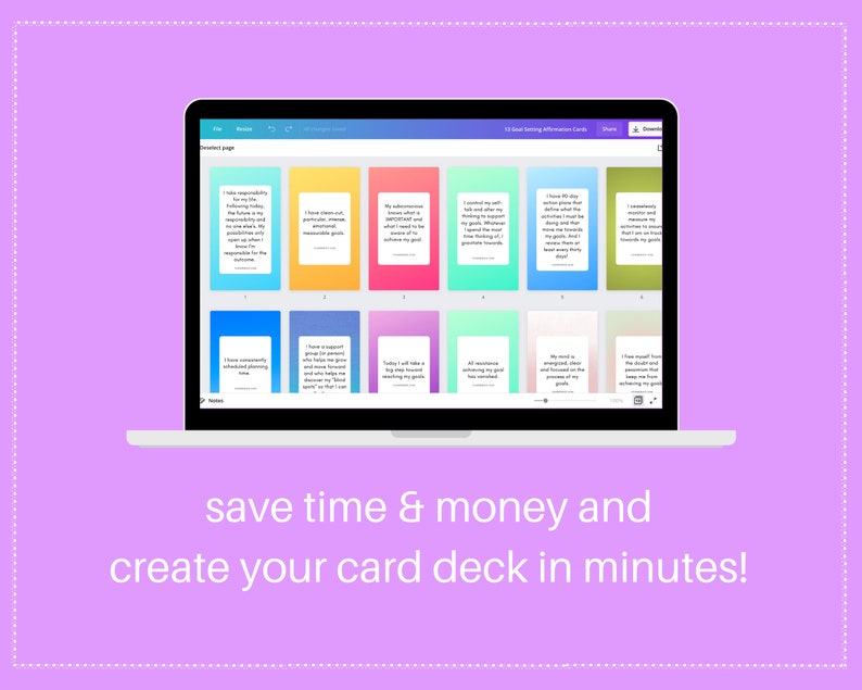 Goal Setting Affirmation Card Deck | Editable 13 Card Deck in Canva | Commercial Use