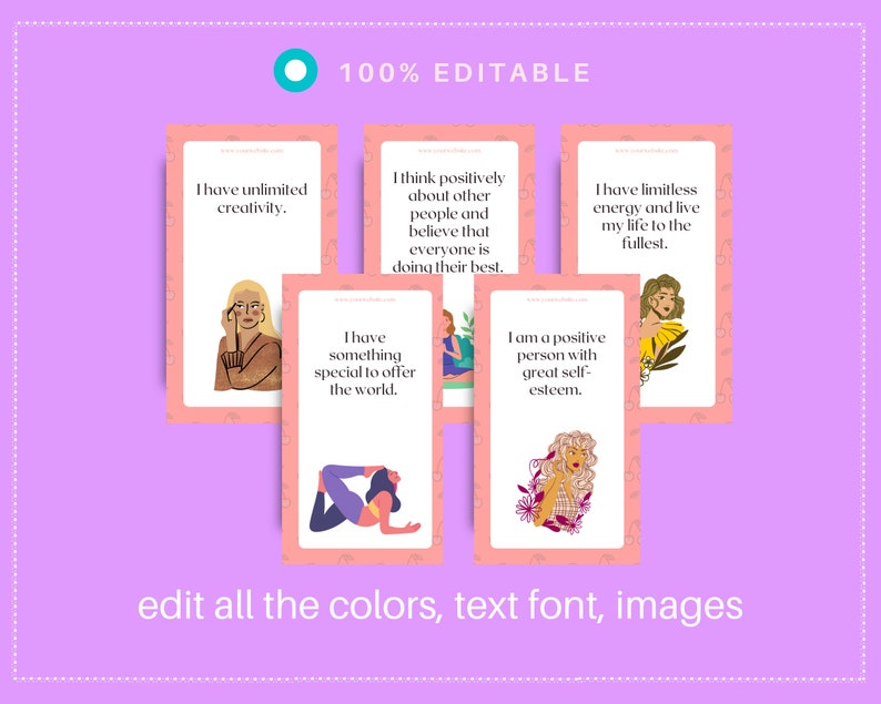 Self Love Affirmation Card Deck | Editable 30 Card Deck in Canva | Commercial Use