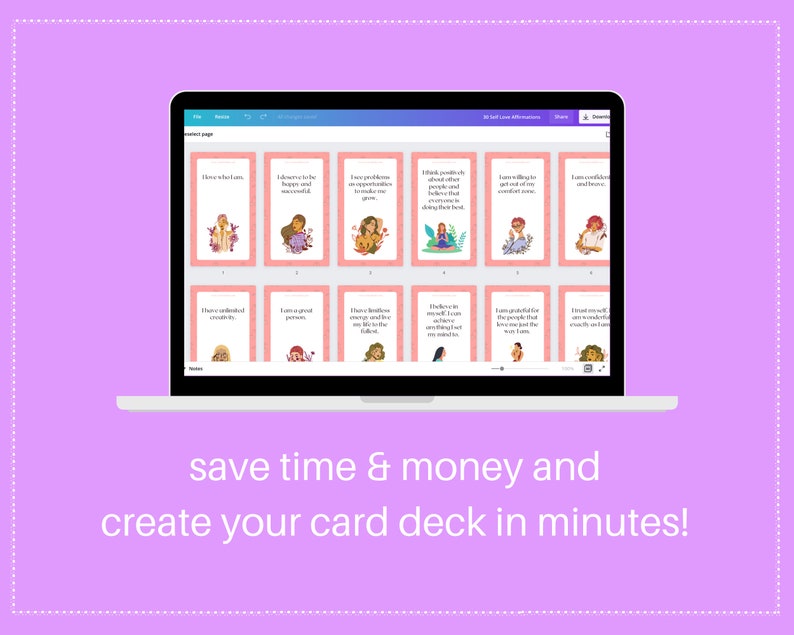 Self Love Affirmation Card Deck | Editable 30 Card Deck in Canva | Commercial Use