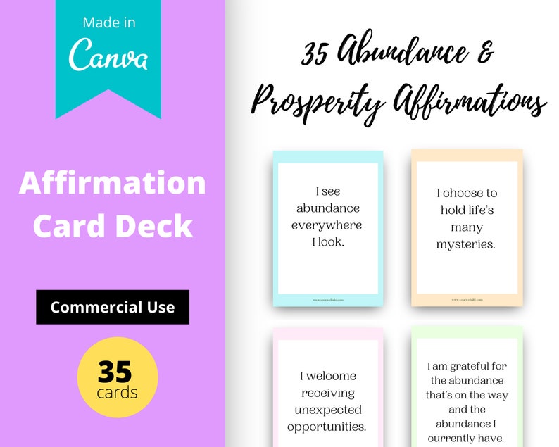 Abundance & Prosperity Affirmations Card Deck | Editable 35 Card Deck in Canva | Commercial Use