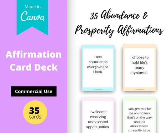 Abundance & Prosperity Affirmations Card Deck | Editable 35 Card Deck in Canva | Commercial Use