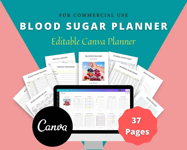 Blood Sugar Planner in Canva | Canva Template Pack | Blood Sugar Journal Template | Commercial Use