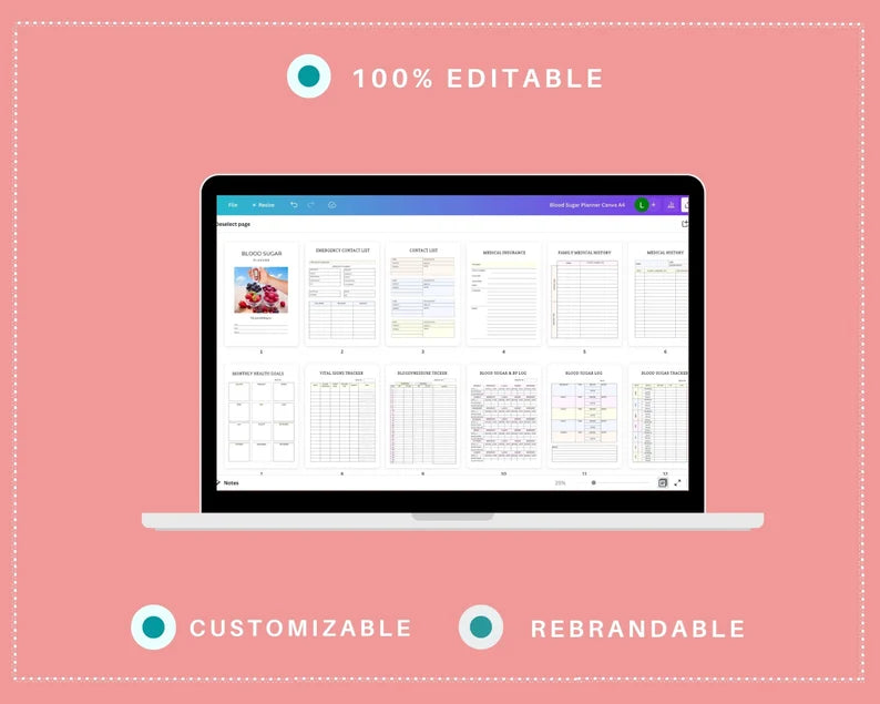 Blood Sugar Planner in Canva | Canva Template Pack | Blood Sugar Journal Template | Commercial Use