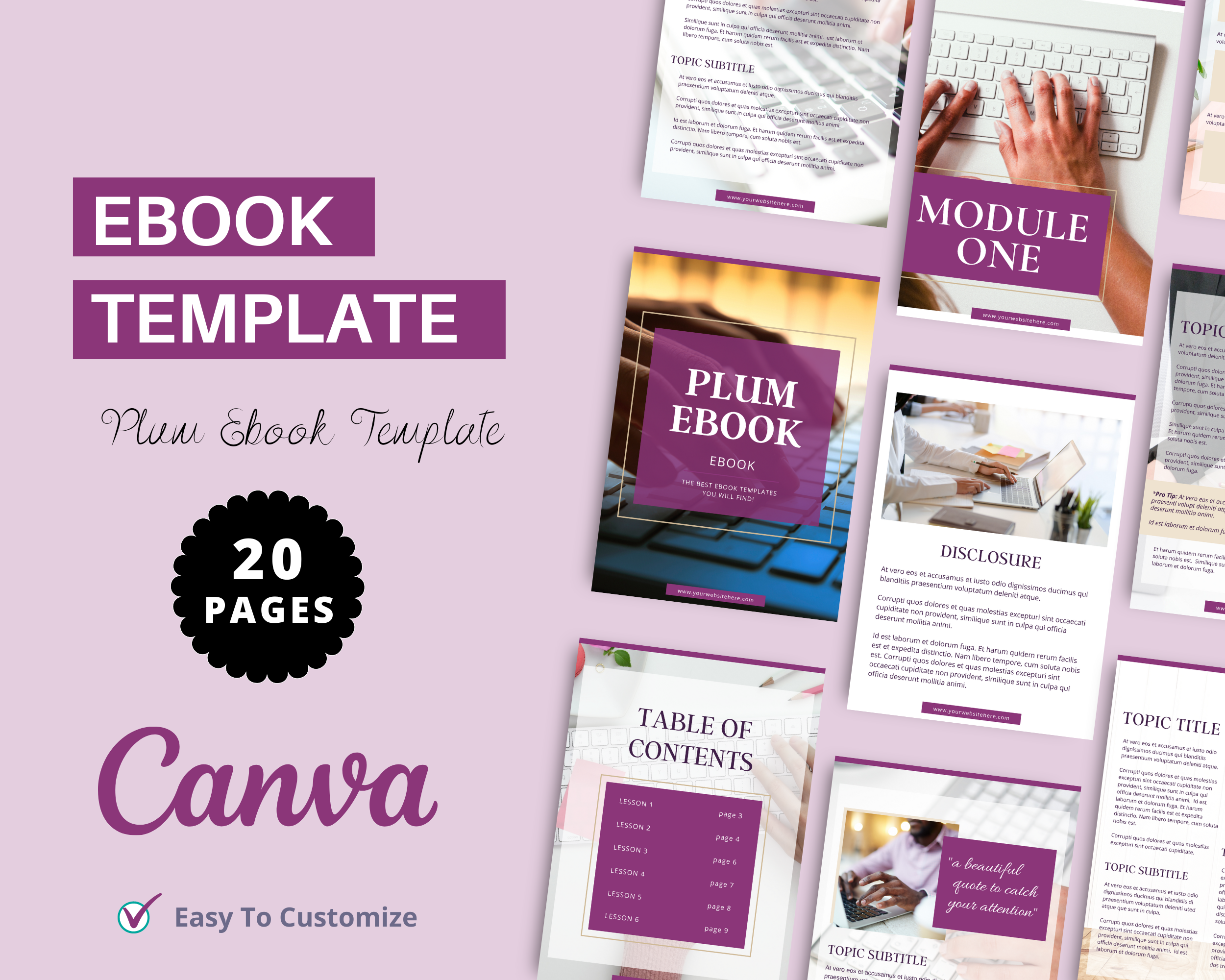 Plum Canva Ebook Template, Editable Canva Template, 31 page Ebook Template | A4 Size