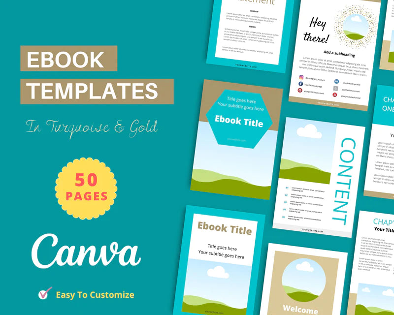 Canva Ebook Template, Editable Canva Template, Ebook Turquoise and Gold Color