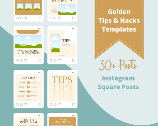 Tips & Hacks Instagram Posts | Golden Instagram Branding Kit | 30+ Instagram Canva Templates | IG Marketing Graphics