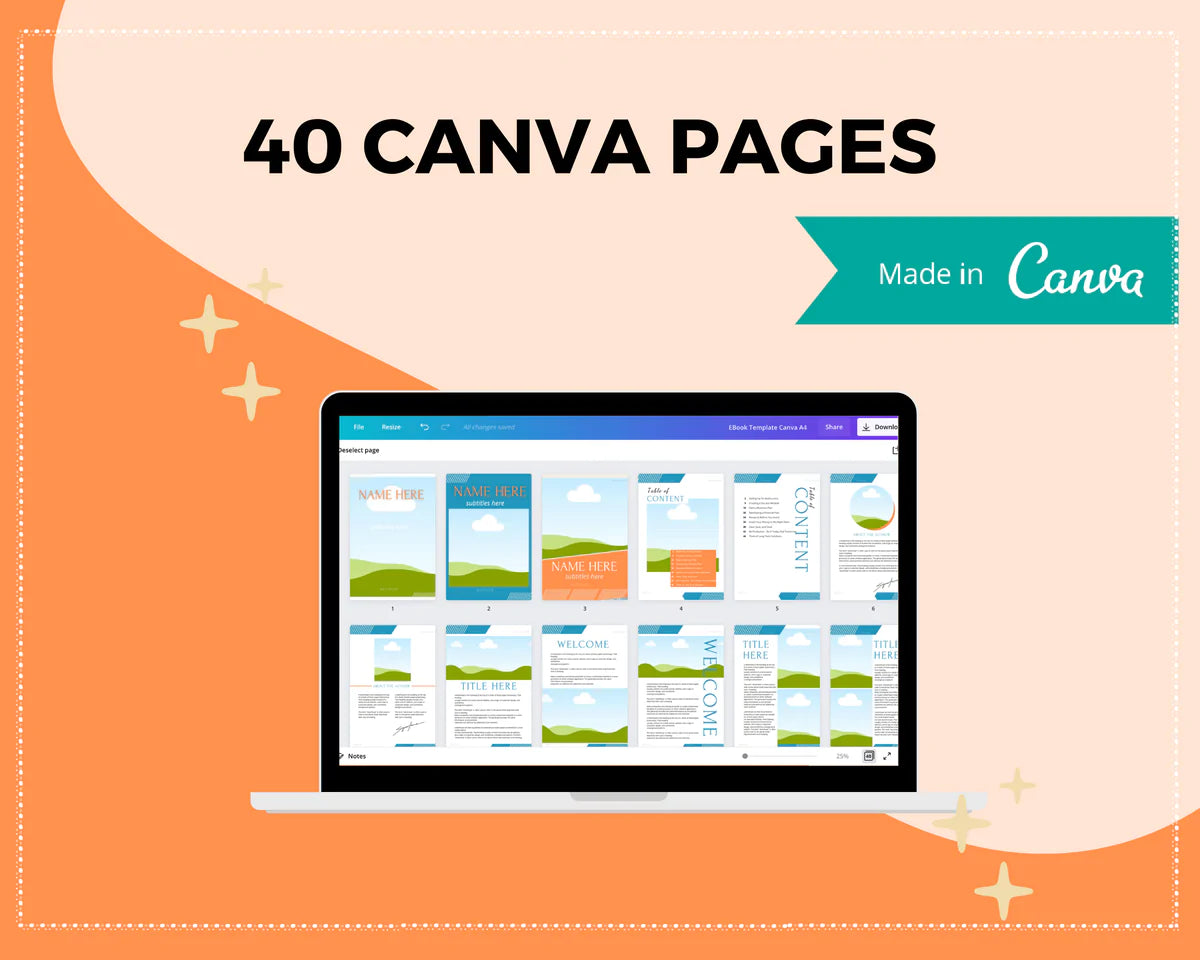 Canva Orange Ebook Template, Editable Canva Template, 40 page Ebook Template | A4 Size