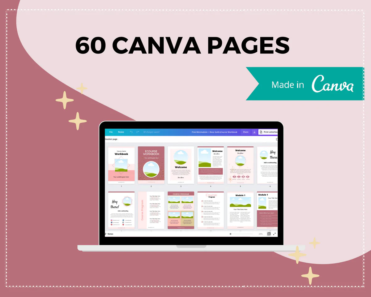 Rose Gold Course Workbook Template, Canva Template, eCourse workbook, Commercial Use