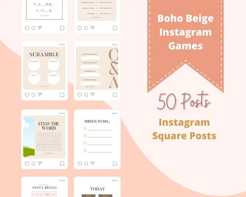 Boho Beige Instagram Game Squares | Instagram Canva Template | Marketing Template