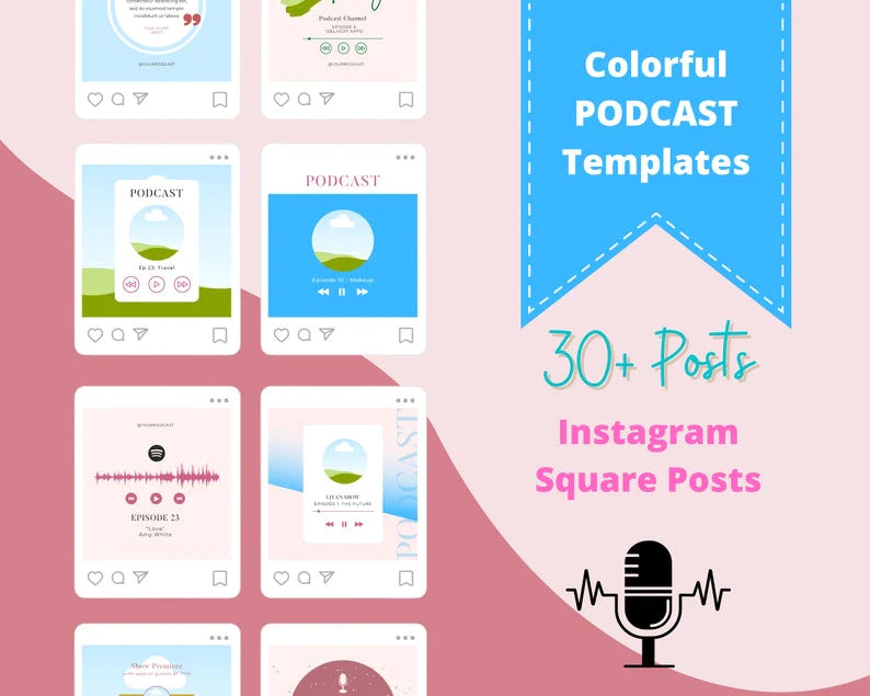 Podcast Instagram Square Posts | Colorful 30+ Canva Templates for Instagram | Podcast Posts Template Pack