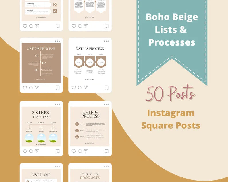 Boho Beige Lists & Processes Instagram Square Posts | 50 Canva Templates for Instagram | Social Media Templates