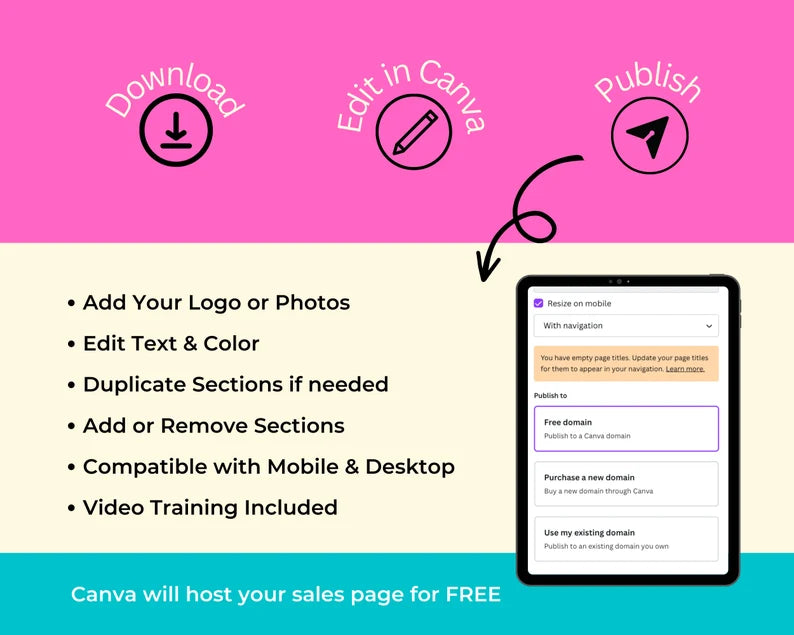 PRE-SELL A COURSE Sales Page Template in Canva, Free Canva Page Hosting