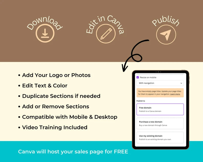 eBOOK Sales Page Template in Canva, Free Canva Page Hosting