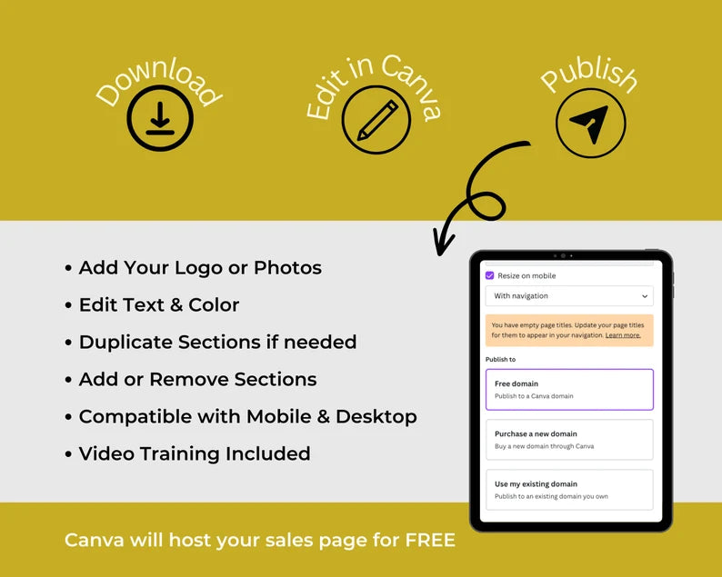 MEMBERSHIP Sales Page Template in Canva, Free Canva Page Hosting