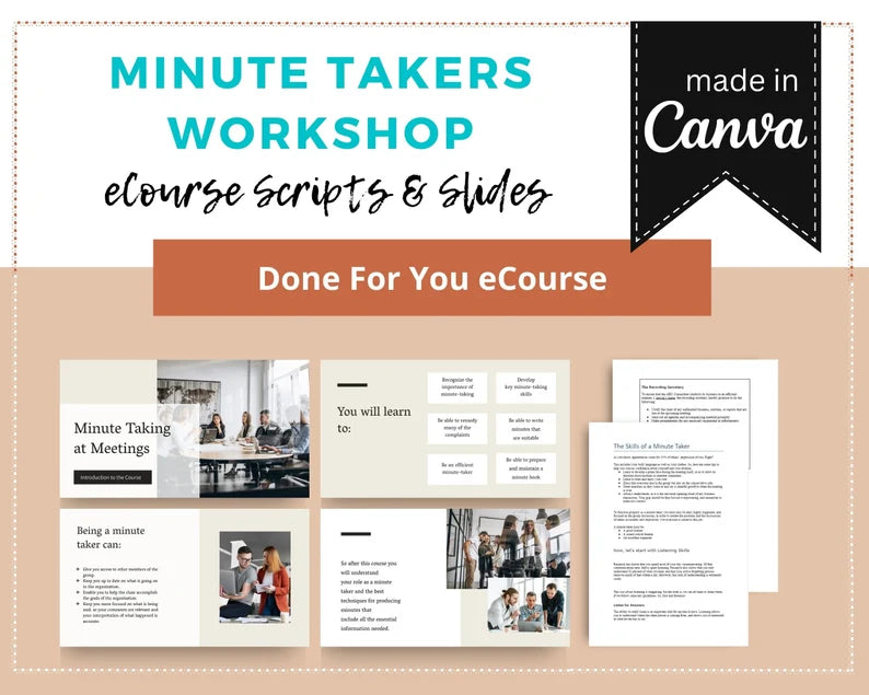 Done for You Online Course | Minute Takers Workshop | Administrative Course in a Box | 9 Lessons