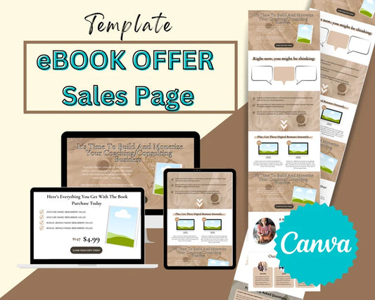 eBOOK Sales Page Template in Canva, Free Canva Page Hosting
