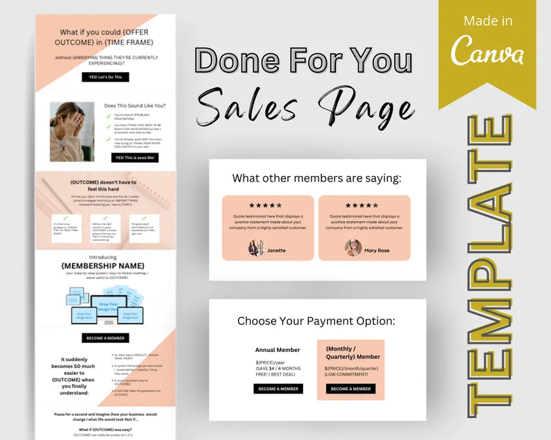 MEMBERSHIP Sales Page Template in Canva, Free Canva Page Hosting