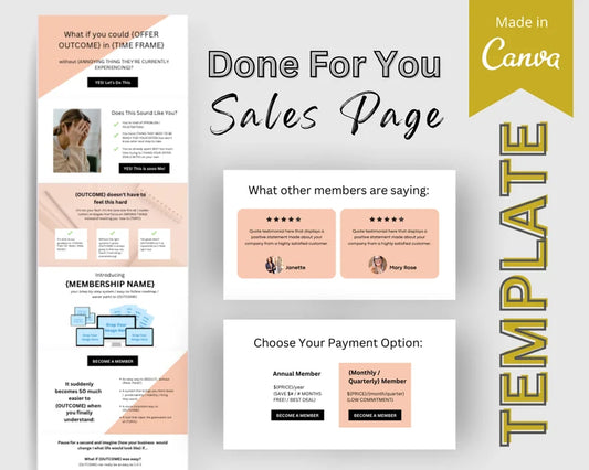 MEMBERSHIP Sales Page Template in Canva, Free Canva Page Hosting