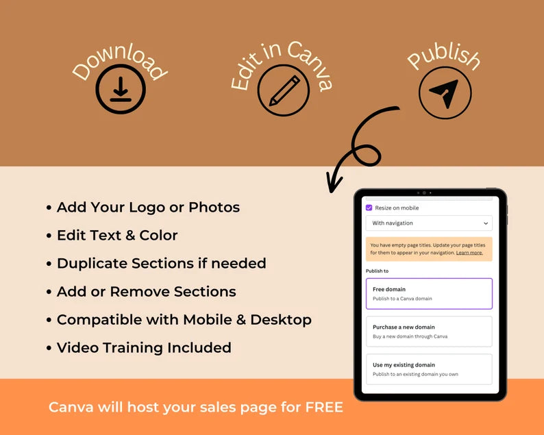 Masterclass Sales Page Template in Canva, Free Canva Page Hosting