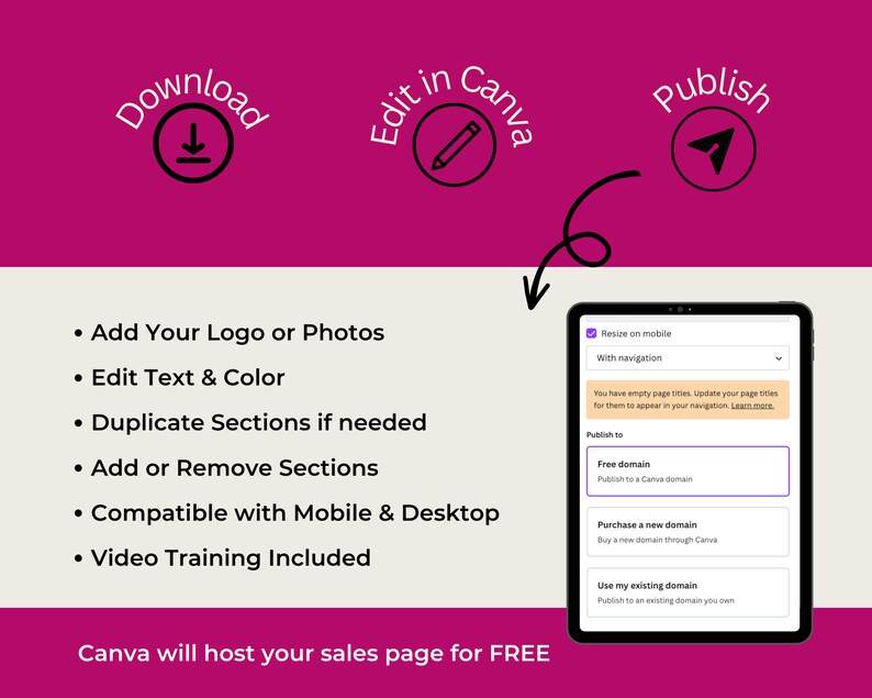 Group Coaching Sales Page Template in Canva, Free Canva Page Hosting