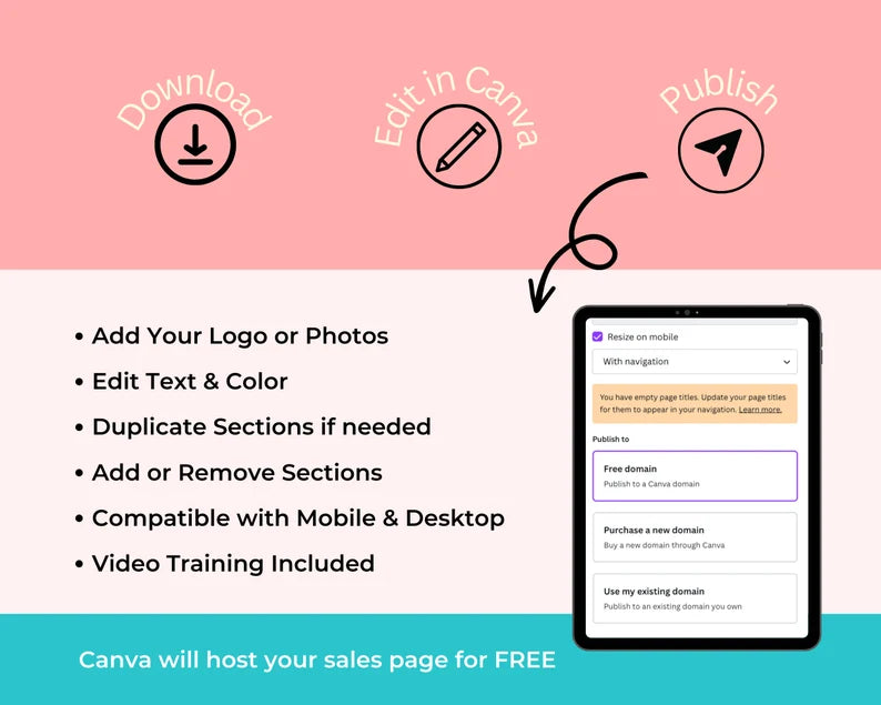 Upsell Page Template in Canva, Free Canva Page Hosting