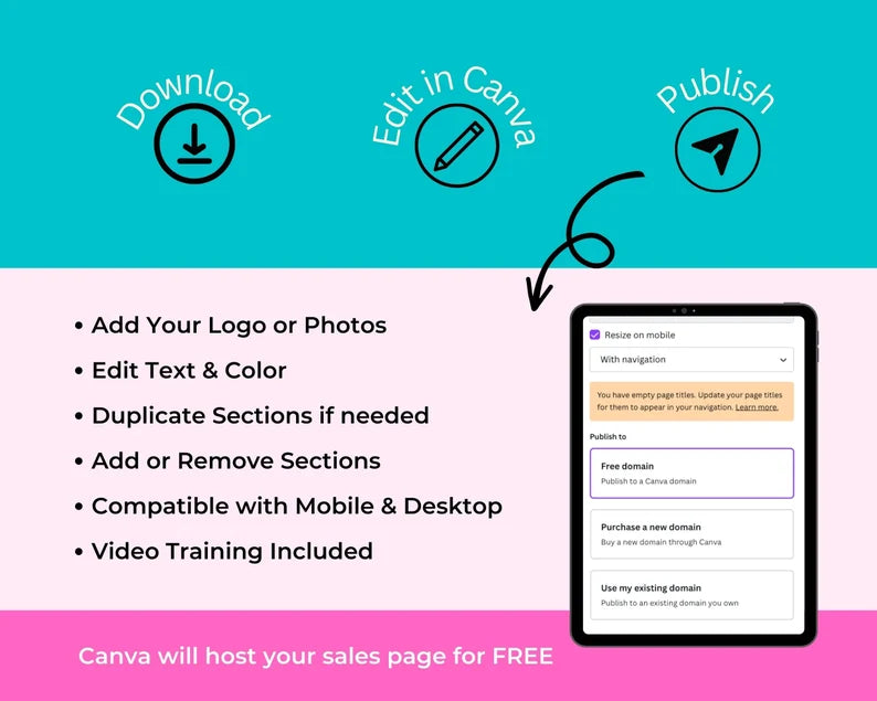 Challenge Sales Page Template in Canva, Free Canva Page Hosting