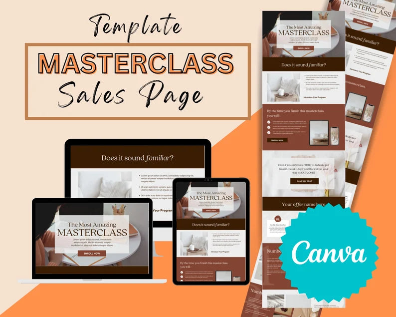 Masterclass Sales Page Template in Canva, Free Canva Page Hosting