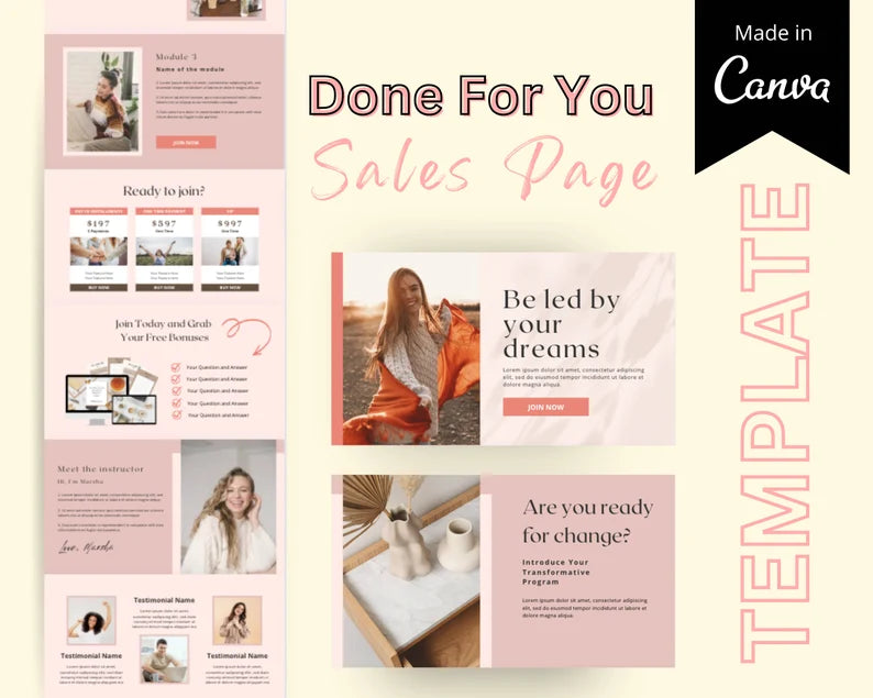 Signature Course Minimalist Sales Page Template in Canva, Free Canva Page Hosting