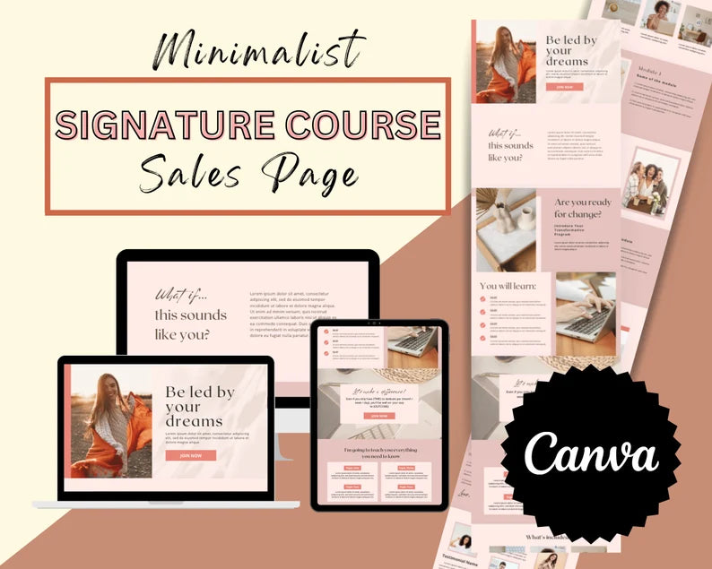Signature Course Minimalist Sales Page Template in Canva, Free Canva Page Hosting